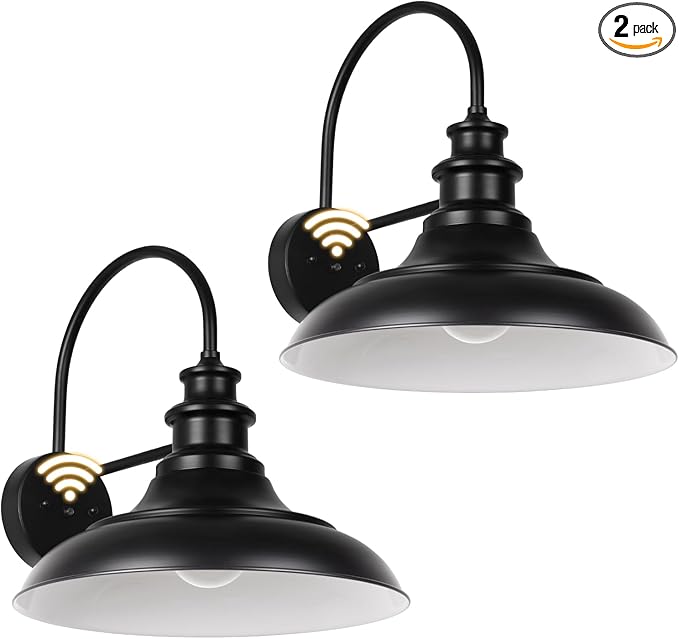 Dusk to Dawn Sensor Outdoor Barn Light Fixtures, 12.3 Inch Dome Farmhouse Outdoor Wall Sconces, Gooseneck Exterior Wall Mount Lights, Industrial Black White Wall Lanterns for Porch, DDRZ004-2 BK+WH