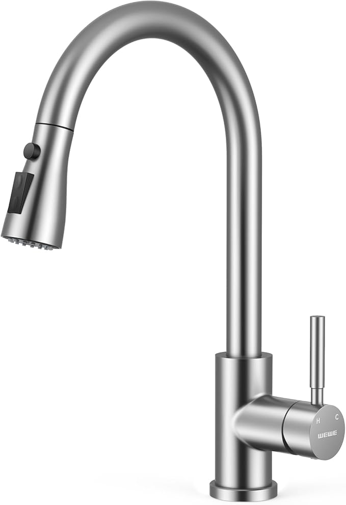 WEWE Kitchen Faucets with Pull Down Sprayer, Stainless Steel Single Handle 1 Hole for Family Kitchen Commercial Camper Laundry Rv Bar, Brushed Nickel