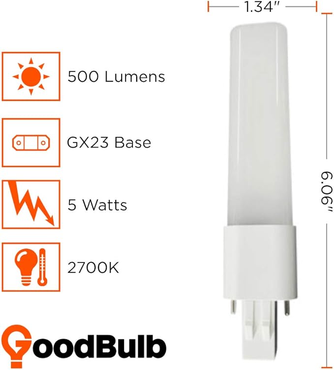 GoodBulb 7 Watt Replacement Horizontal LED Plug-in Light Bulbs | Commercial 5 Watt Hybrid 2 Pin GX23 Base 2700K Soft White | High Output 500 Lumens | 120° Beam LED PL Light Bulbs | 10 Pack