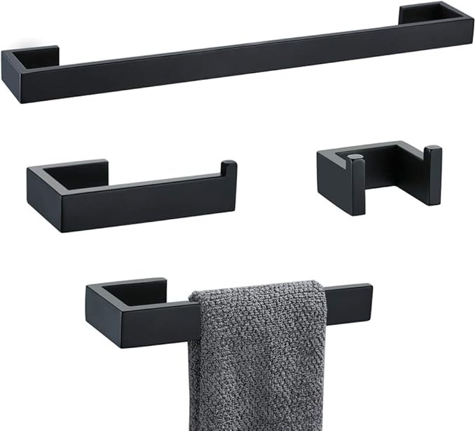 TNOMS 4 Pieces Bathroom Hardware Accessories Set Black Towel Bar Towel Holder Robe Hook Toilet Paper Holder Stainless Steel,Q8-P4BK