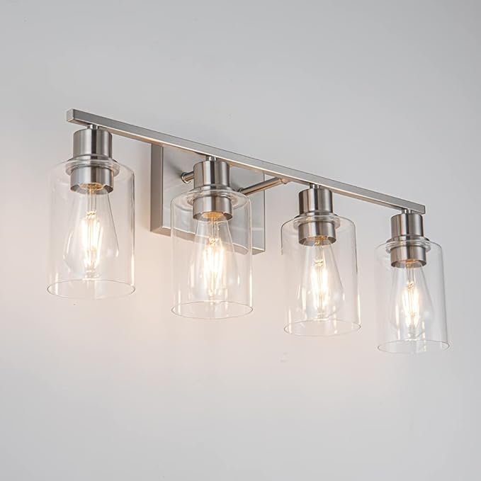 EMONG Brushed Nickel Bathroom Light Fixtures, 4-Light Vanity Lights with Clear Glass Shade, Wall Sconces for Hallway, Farmhouse, Living Room, Kitchen