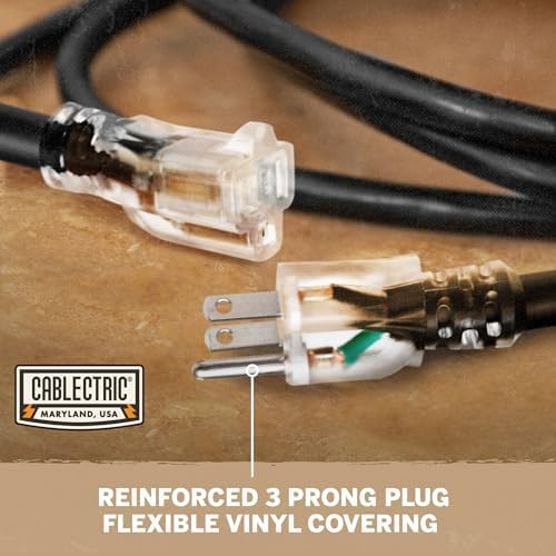 25 Ft Black Oil Resistant Extension Cord for Farms & Ranches - 12/3 SJTOW Heavy Duty 12 Gauge Outdoor Cable with 3 Prong Grounded Plug, 15 AMP