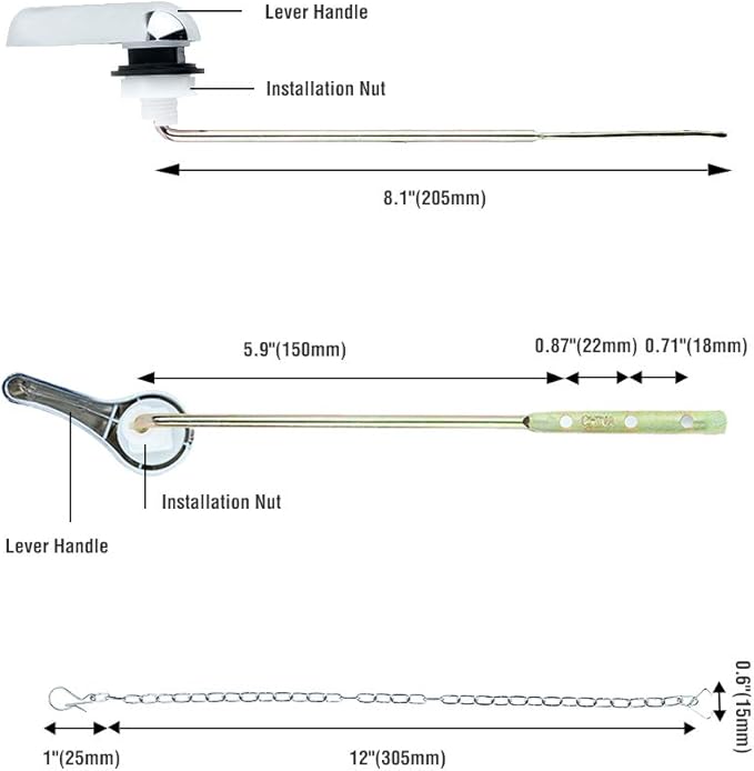 Toilet Handle Replacement Kit, Universal Tank Flush Lever Handle with Stainless Steel Flapper Chains for Most Front Mount Toilets, Matte Black Finish Toilet Flush Handle (Chrome)