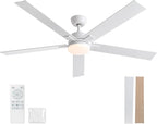 60 Inch Ceiling Fans with Lights and Remote, 6 Speed Reversible DC Motor, 3CCT Dimmable LED, 5 Blades, White Modern Ceiling Fan for Bedroom, Living Room & Covered Outdoor, Includes Downrod