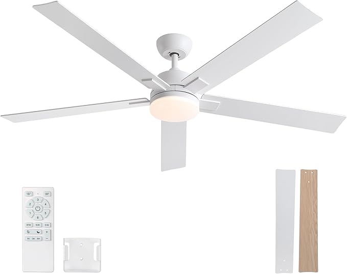 60 Inch Ceiling Fans with Lights and Remote, 6 Speed Reversible DC Motor, 3CCT Dimmable LED, 5 Blades, White Modern Ceiling Fan for Bedroom, Living Room & Covered Outdoor, Includes Downrod