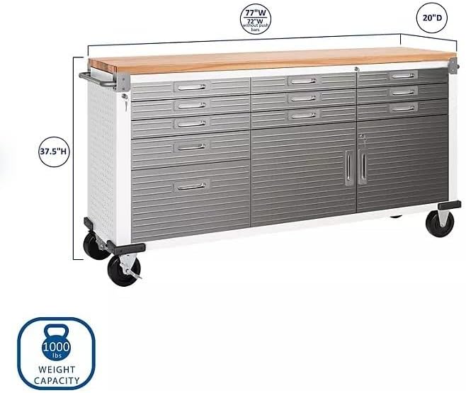 Heavy Duty 8-Piece Steel Garage Cabinet Storage Set with Rolling Workbench, 12 Feet Wide (White)