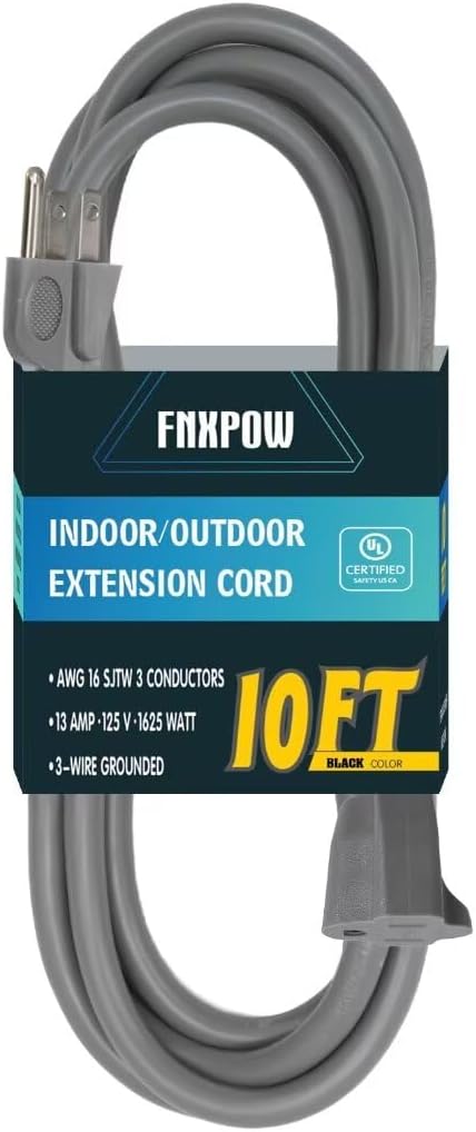 Indoor Outdoor Extension Cord 10 FT Waterproof, 16/3 Gauge Heavy Duty Gray Extension Cords, 13A 1625W SJTW Extension Cord with 3 Prong Grounded Plug, Great for Tools, Lights, UL Listed.