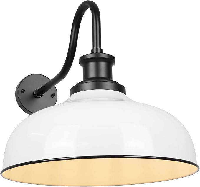 Outdoor Gooseneck Barn Light,14 Inch Dome Outdoor Wall Sconce Farmhouse Exterior Wall Mount Light Vintage Wall Lighting Fixture Industrial Wall Lantern for Porch, Entryway, Garage, RZ007M WH