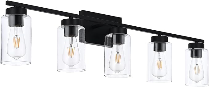 5 Light Bathroom Vanity Light Fixtures, Matte Black Modern Wall Lights with Clear Glass Shade, Vintage Wall Sconce Lighting for Living Room, Mirror, Bedroom, Hallway (Black, 5-Lights)