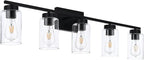 5 Light Bathroom Vanity Light Fixtures, Matte Black Modern Wall Lights with Clear Glass Shade, Vintage Wall Sconce Lighting for Living Room, Mirror, Bedroom, Hallway (Black, 5-Lights)