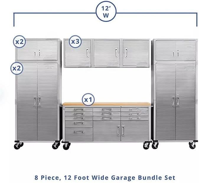 Heavy Duty 8-Piece Steel Garage Cabinet Storage Set with Rolling Workbench, 12 Feet Wide (Granite)