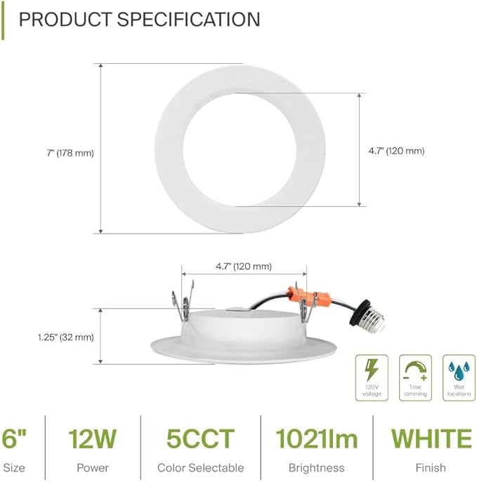 ASD Flat Trim Retrofit LED Recessed Lighting 6 Inch | Ultra Thin White 12W 1021LM Wet Rated Dimmable Downlights | 2700K-5000K Adjustable LED Recessed Light Fixtures | Disk Can Lights, ETL 12 Pack