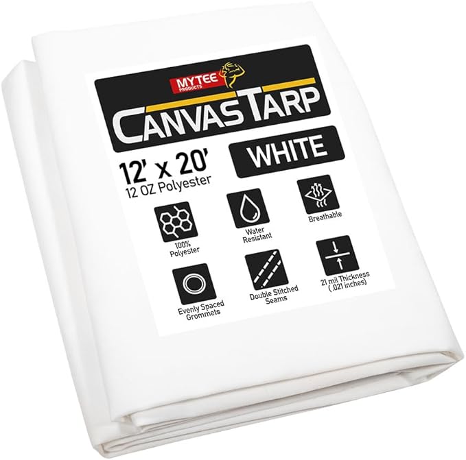 Mytee Products 12' x 20' White Canvas Tarp 12oz - Water Resistant & Breathable - Heavy Duty Tarps - Multipurpose Tarpaulin Cover for Camping Tent