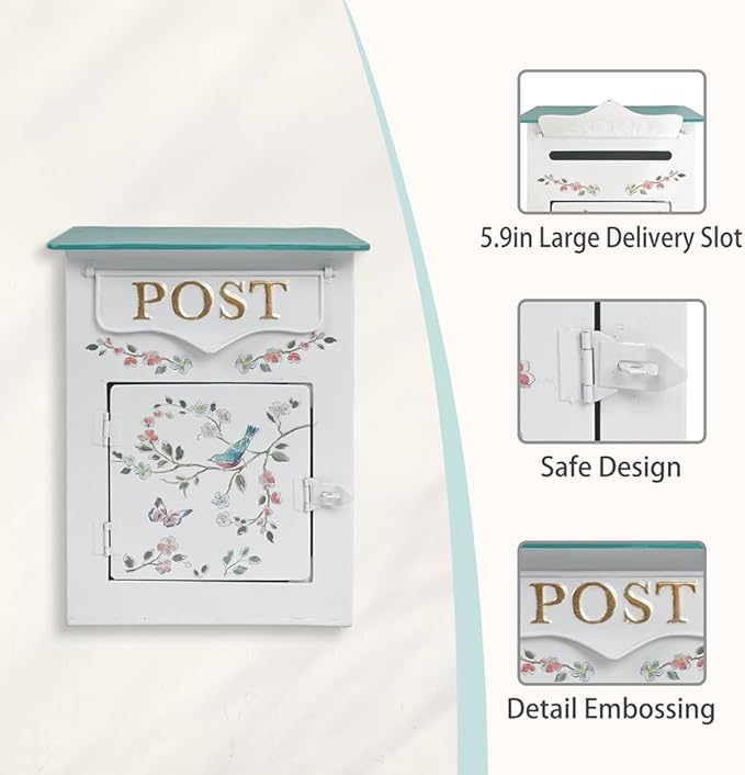 Mailbox Wall Mount Mailboxes for Outside Vintage Mail Boxes for House Outside Metal Drop Box Antique Style Nostalgic Charm Home Decorative, Flower Pattern, White