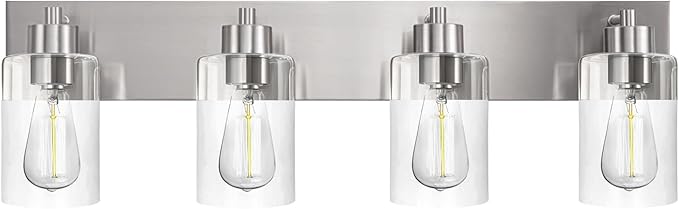 4-Light Bathroom Vanity Light Fixtures, Modern Bathroom Light Fixture with Clear Glass Brushed Nickel Finish Vanity Lights Over Mirror for Kitchen Bedroom Living Room