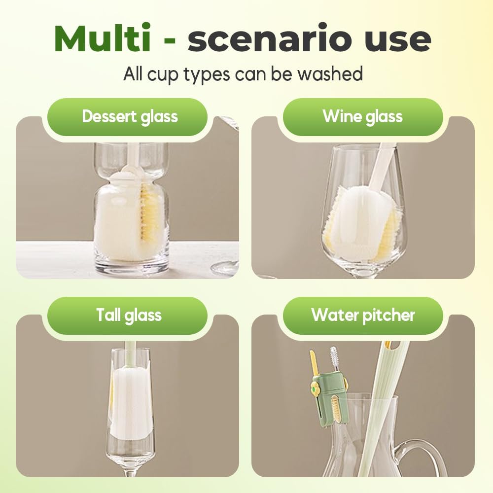 5 in 1 Bottle Cleaning Brush, 2025 New Travel Bottle Cleaner Kit, Long Handle Brush, Bottles Cleaner Brushes Set for Baby Bottles, Mugs, and Wine Glasses (2Green)