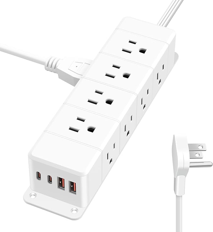 45W USB-C Fast Charging Under Desk Power Strip,12 Outlet Mountable Power Strip with 4 USB,1200J Surge Protection,6FT Flat Extension Cord