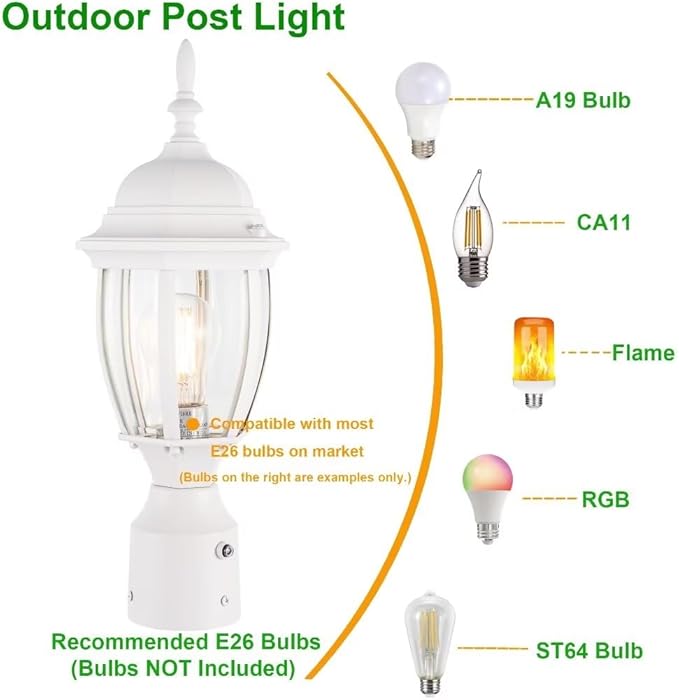 LIT-PaTH Dusk to Dawn Outdoor Post Lighting Fixture Pole Lantern, E26 Medium Base Max 60W, Aluminum Housing Plus Glass, Bulb Not Included (White, 2-Pack)