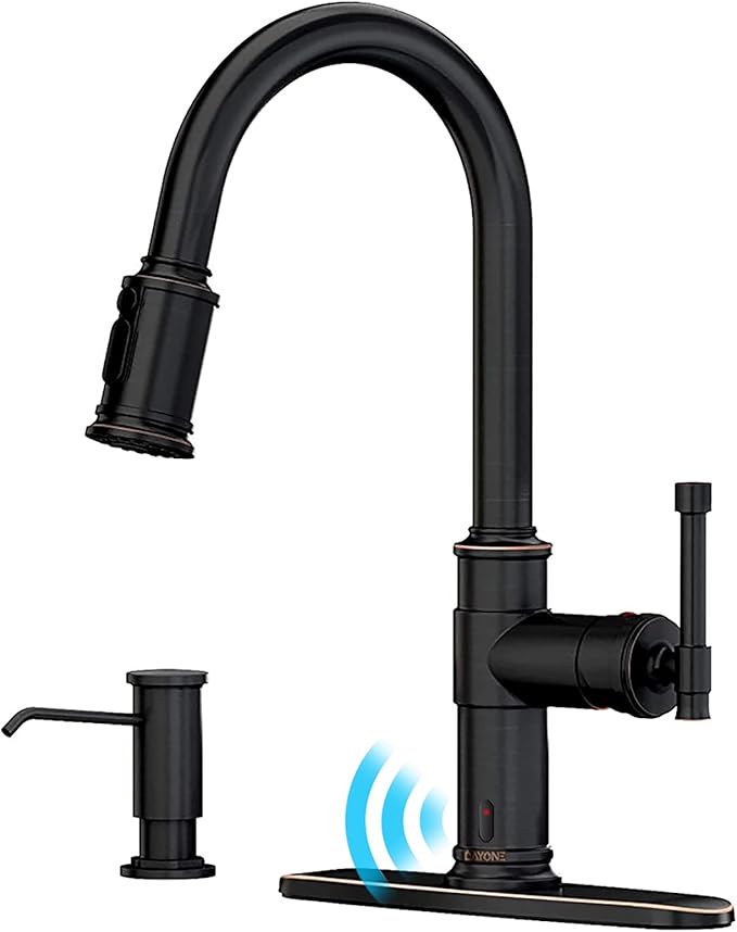 Touchless Oil Rubbed Bronze Kitchen Faucet with Soap Dispenser, DAYONE Single Handle Faucets for Kitchen Smart Motion Sensor Activated Hands-Free Pull Down, Robinet de Cuisine sans Contact