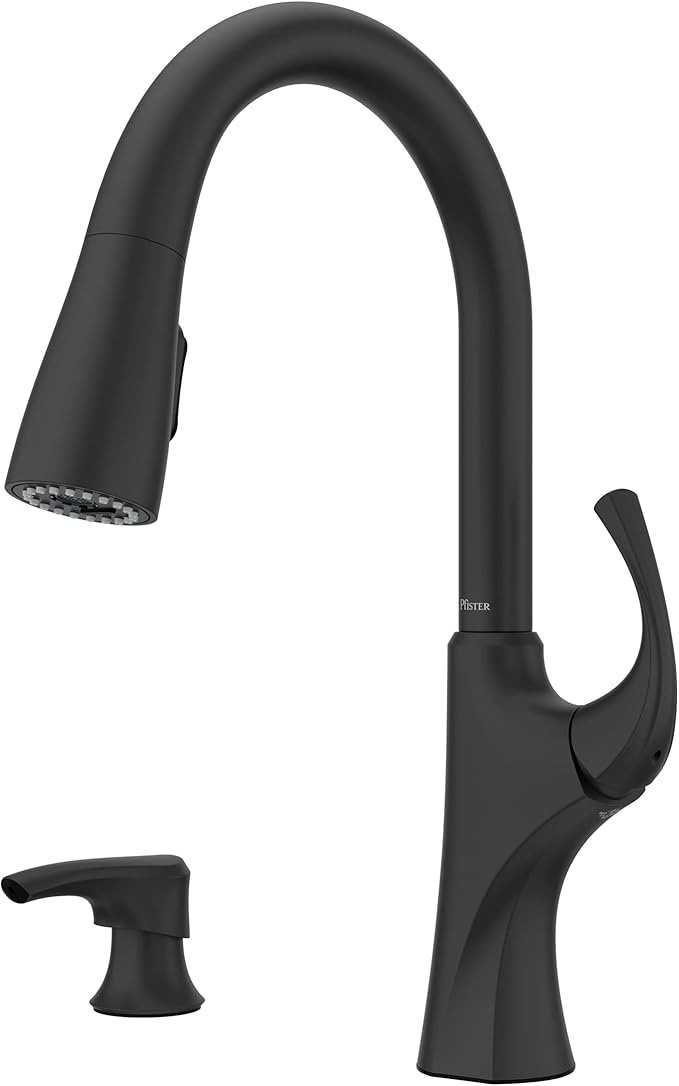 Pfister Miri 2.0 Kitchen Faucet with Pull Down Sprayer and Soap Dispenser, Single Handle, High Arc, NSF Certified, Spot Defense Matte Black Finish, F5297MRRSDB