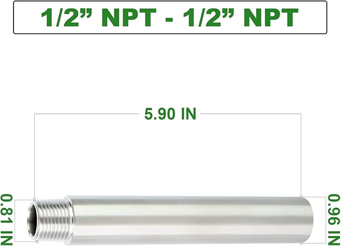 TAISHER 2PCS Stainless Steel Pipe Fittings, 1/2" NPT Male x 1/2" NPT Female Threaded, 6" Length Nipple Cast Pipe