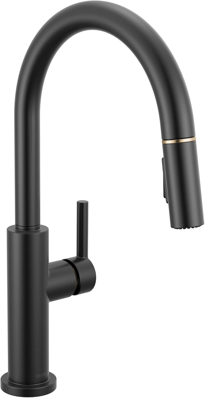 Delta Faucet Nicoli Kitchen Faucet with Pull Down Sprayer, Black and Gold Kitchen Sink Faucet, Modern Kitchen Faucet, Single Hole Kitchen Faucet, Matte Black/Champagne Bronze 19867LF-GZ