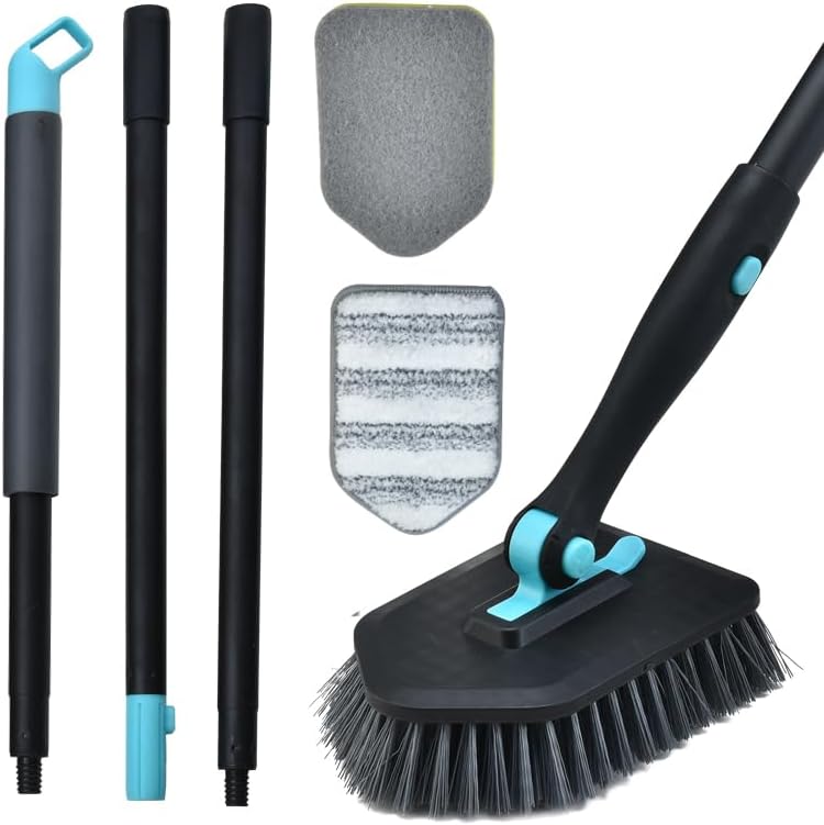 Long Handled Scrub Brush for Shower,3-in-1 Cleaning Brushes with 3 Different Function Cleaning Heads Brush for Shower Cleaning Bathroom Kitchen Walls Tub Tile (Black)