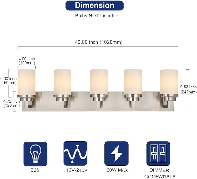 TODOLUZ Brushed Nickel Bathroom Light Fixtures, 5-Lights Modern Vanity Lighting Over Mirror, Farmhouse Wall Mount Lamp for Bedroom Kitchen