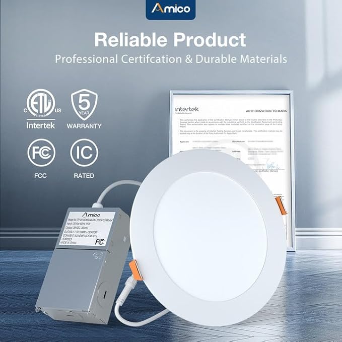 Amico 6 Pack 6 Inch 5CCT Ultra-Thin LED Recessed Ceiling Light with Metal Junction Box, 2700K-5000K Selectable, 12W Eqv 110W, Dimmable Canless Wafer Downlight with Plastic Trim, 1050 Lumens -ETL&FCC