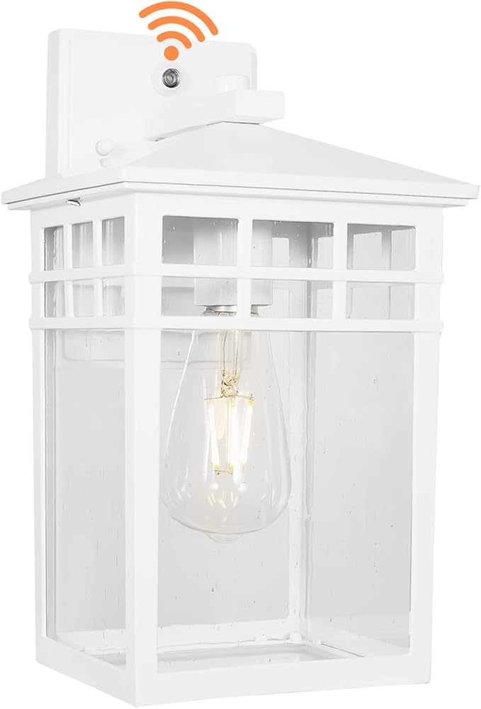 Dusk to Dawn Outdoor Light Fixture Wall Mount, Rustic Exterior Lights Fixture Wall Sconces with Seeded Glass for Front Porch, Waterproof Outdoor Wall Lantern in White Finish for Home,DDRZ009-W WH