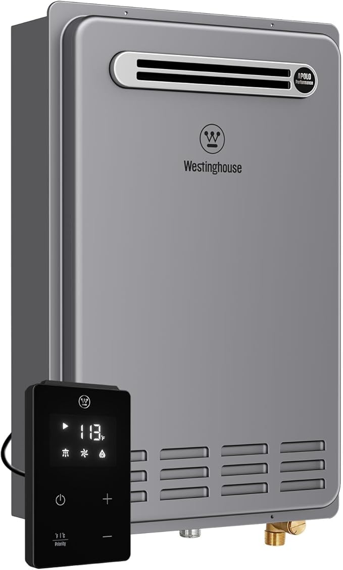 Westinghouse Natural Gas Tankless Water Heater Outdoor Installation Max 5.1 GPM 120,000 BTU, Temp Self Modulating Non Condensing High Efficiency Water Heater for House or Commercial, APOLO Performance