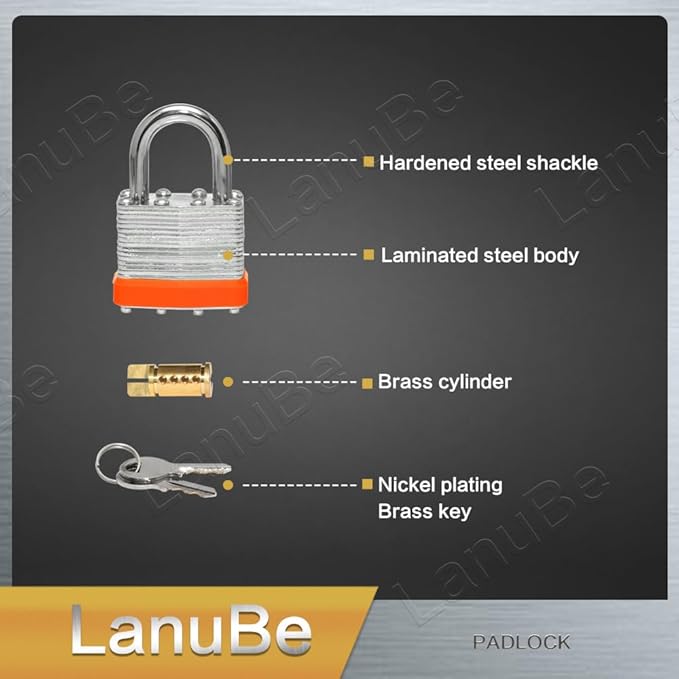 LanuBe Lock Laminated keyed Padlock (1-9/16", 40mm), keyed Alike Locks, Normal Shackle,Marked Orange Plastic Hoop, Pack of 100