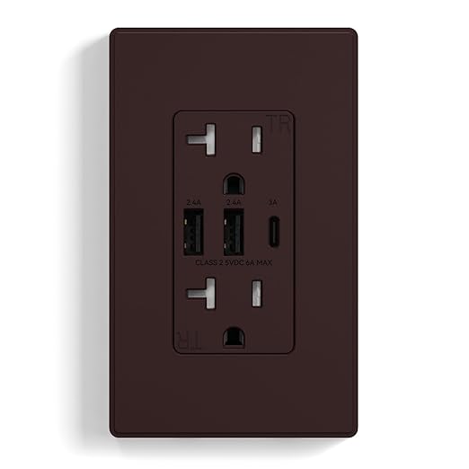 ELEGRP USB Outlets Receptacles, 3-Port Wall Outlet, 30W 6.0A Electrical Outlet, 15 Amp Tamper-Resistant Outlet with Type C Ports, UL Listed, Wall Plate Included, 1 Pack, Matte Brown