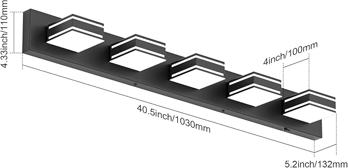 Ralbay 40.5inch Black Vanity Light with 5 Color Temperatures (3000K-6000K) Dimmable Metal Acrylic Modern LED Matte Black Bathroom Lighting Over Mirror (5-Light)