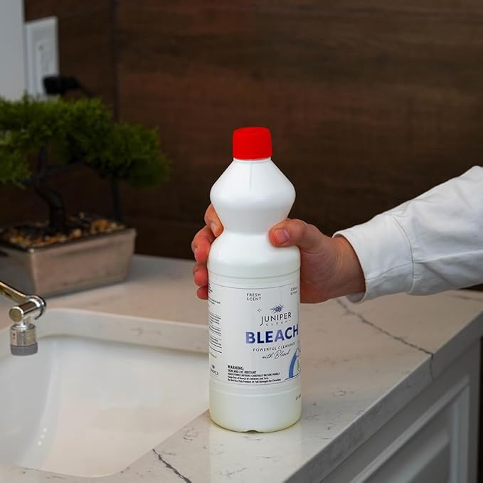 Juniper, 33 Fl Oz Liquid Bleach for Bright Whites, Fresh Scent Surface Cleaner for Bathroom, Kitchen, All Purpose Cleaner with Bleach (Pack of 12), Total 396 Ounce