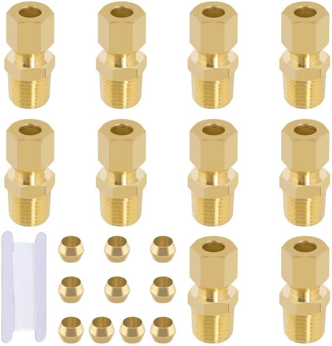 Brass Compression Tube Fitting, Straight Coupling Adapter, 10 PCS 1/4" OD x 1/4" NPT Male Union Connector 1/4" OD Compression x 1/4" NPT Male & 10 PCS Compression Sleeves Ferrules