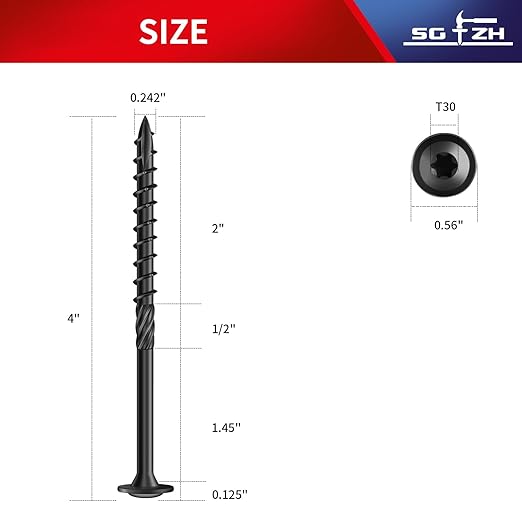 #14 x 4 Inch Lag Screws (30Pcs) 1lb. Structural Wood Screw, Black, Carbon Steel, Washer Head, Rust Resistant epoxy Coated, T30 Star Bit