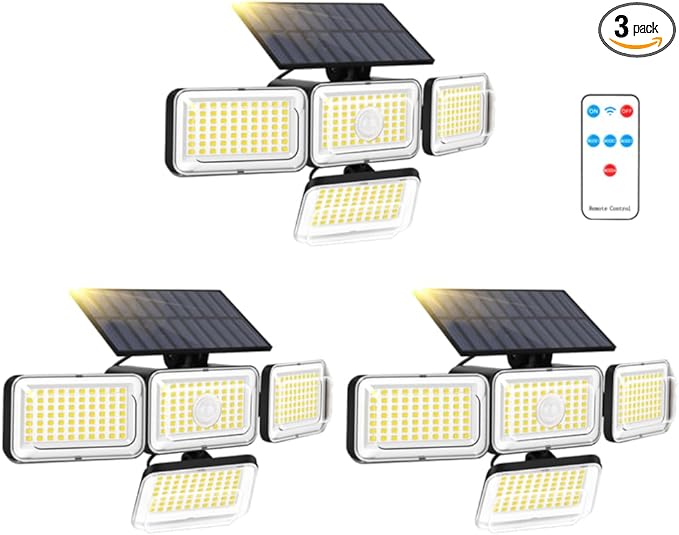 Mokot Solar Lights Outdoor, 288 LED 2800LM Solar Motion Sensor Outdoor Light with Remote Control, 4 Heads IP65 Waterproof Flood Security Lights for Outside Patio Wall