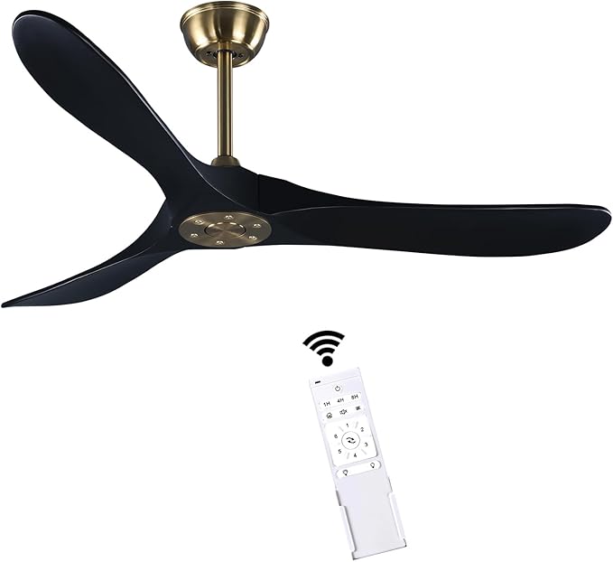 52" 3 Blade Ceiling Fan Without Light, Farmhouse Rustic Wooden Flush Mount Ceiling Fan no Light with Remote for Indoor/Outdoor - High End Silent Operation, Black & Gold, 52 Inch