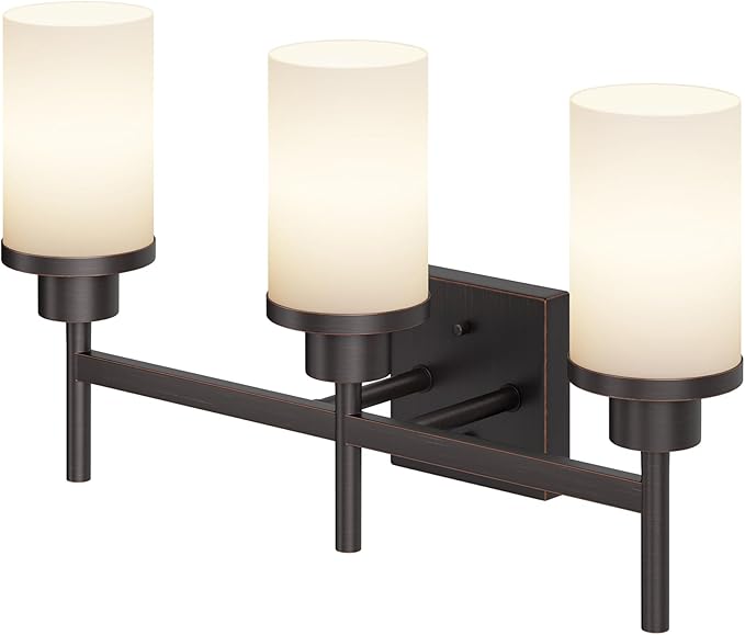 Vanity Lighting Fixtures Oil Rubbed Bronze 3-Light with White Frosted Glass Shade, Wall Sconces for Bathroom Cabinet Porch Kitchen T001ORB-L3