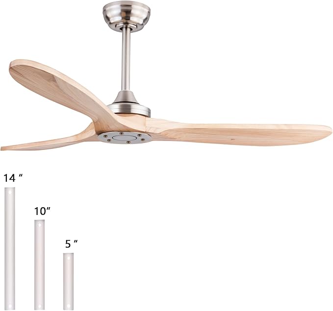 52" Wood Ceiling Fan No Lights with Remote Control,Wooden 3 Blades Ceiling Fans Without Light for Patio,Garage,Living Room,Bedroom,Office,Indoor/Outdoor(Nickel+Raw wood)