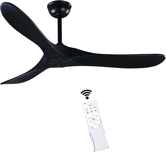 52" 3 Blade Ceiling Fan Without Light, Farmhouse Rustic Wooden Flush Mount Ceiling Fan no Light with Remote for Indoor/Outdoor - High End Silent Operation, Black, 52 Inch