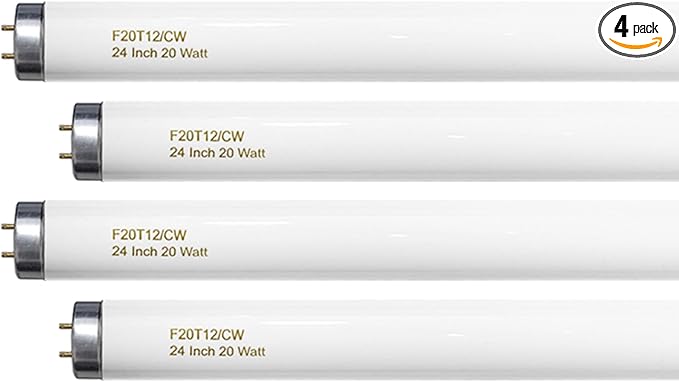 24 Inch T12 Fluorescent Tube Light Bulb 20 Watt Cool White, F20T12/CW 4100K Replacement for F20T12/CW/ALTO, F20T12/CW/ECO, F20T12/SP41/ECO G13 Base 1200 Lumens 4 Counts