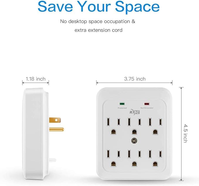 KMC Wall Surge Protector, 980 Joule, 6-Outle Wall Plug Adapter Power Strip, White(2 Pack)
