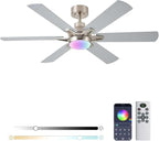 52in Ceiling Fans with Lights RGB Ceiling Fan with Light and Remote/APP Control,Low Profile Ceiling Fans with Lights for Bedroom,Living Room,Kids Room,3CCT Dimmable Modern Ceiling Fan, 8 Speeds,Nickel