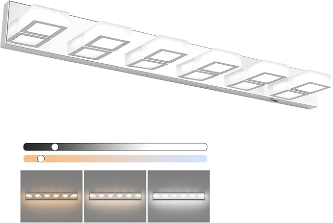 Ralbay Modern Chrome Bathroom Vanity Lights 5 Color Temperature 6 Lights Dimmable Acrylic Modern LED Bathroom Vanity Lighting Fixtures Chrome