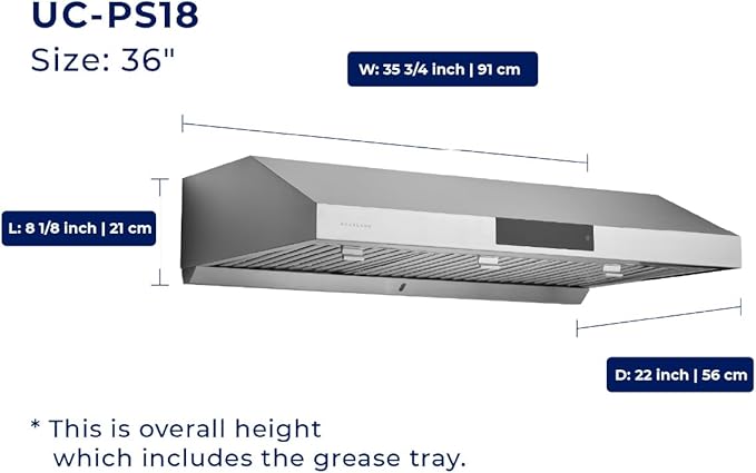 Hauslane Range Hood 36 Inch - Under Cabinet Range Hood, Stainless Steel Hood, Vent Hood 36 Inches, Stove Vent Hood for Kitchen, Kitchen Vent Hoods 36 Inch with LED - Chef Series PS18
