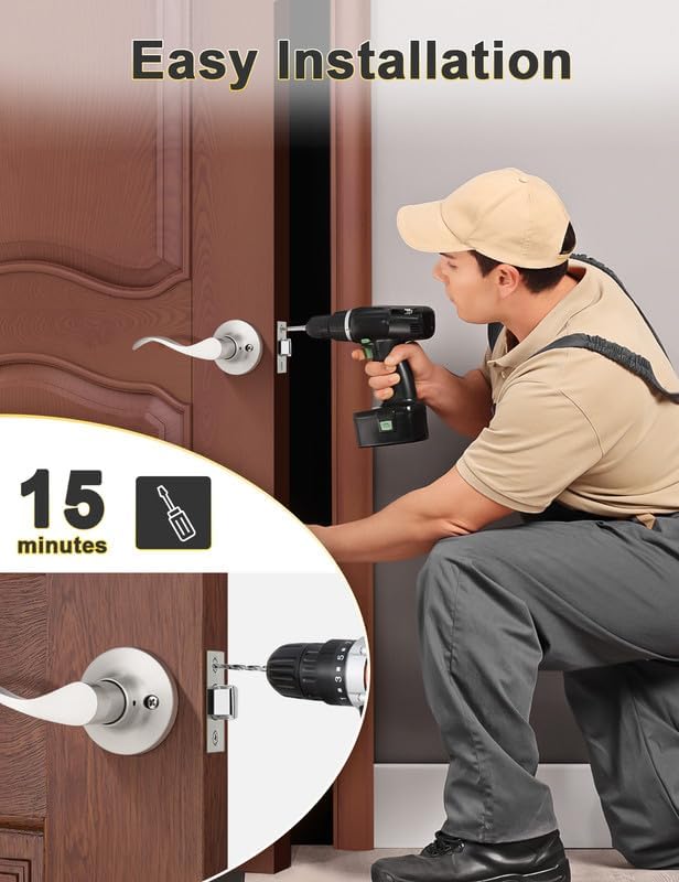 Mengico 8 Pack Satin Nickel Modern Interior Passage Door Knobs, Keyless Door Handle for Hallway & Closet, Wave Style Non-Locking Door Lever Reversible for Left & Right Handed