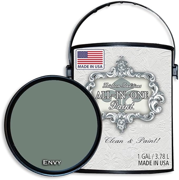 ALL-IN-ONE Paint, Durable cabinet and furniture paint. Built in primer and top coat, no sanding needed. Includes our 30 featured color card - Envy (slate green), Gallon