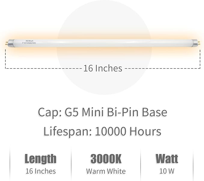16 Inches F10T5 Replacement Bulb Compatible Jasco T5 10 Watt Warm White 3000K F10T5/830 Fluorescent Tube for Counter and Cabinet Fixture 4 Count